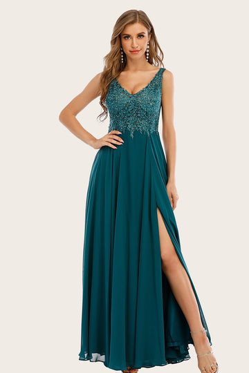 Robe turquoise de long prom de mousseline de soie avec perlé